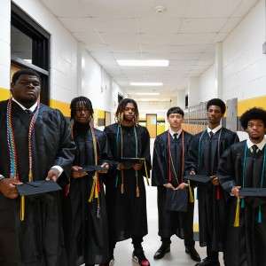 people in hall with diplomas