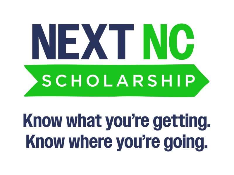 Logo text: Next NC Scholarship Know what you're getting. Know where you're going.