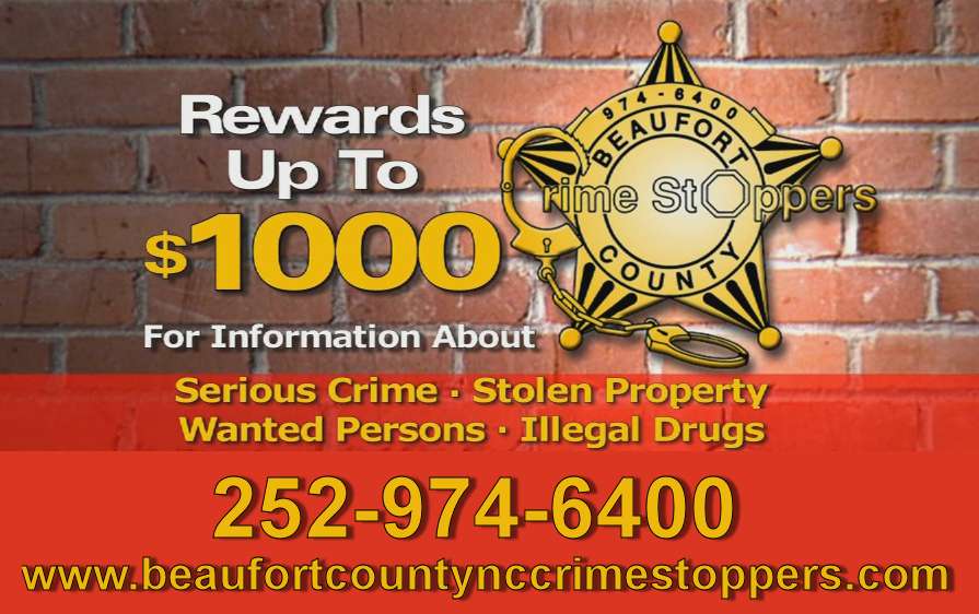 Text: Beaufort County Crimestoppers Rewards up to $1000 for information about crimes