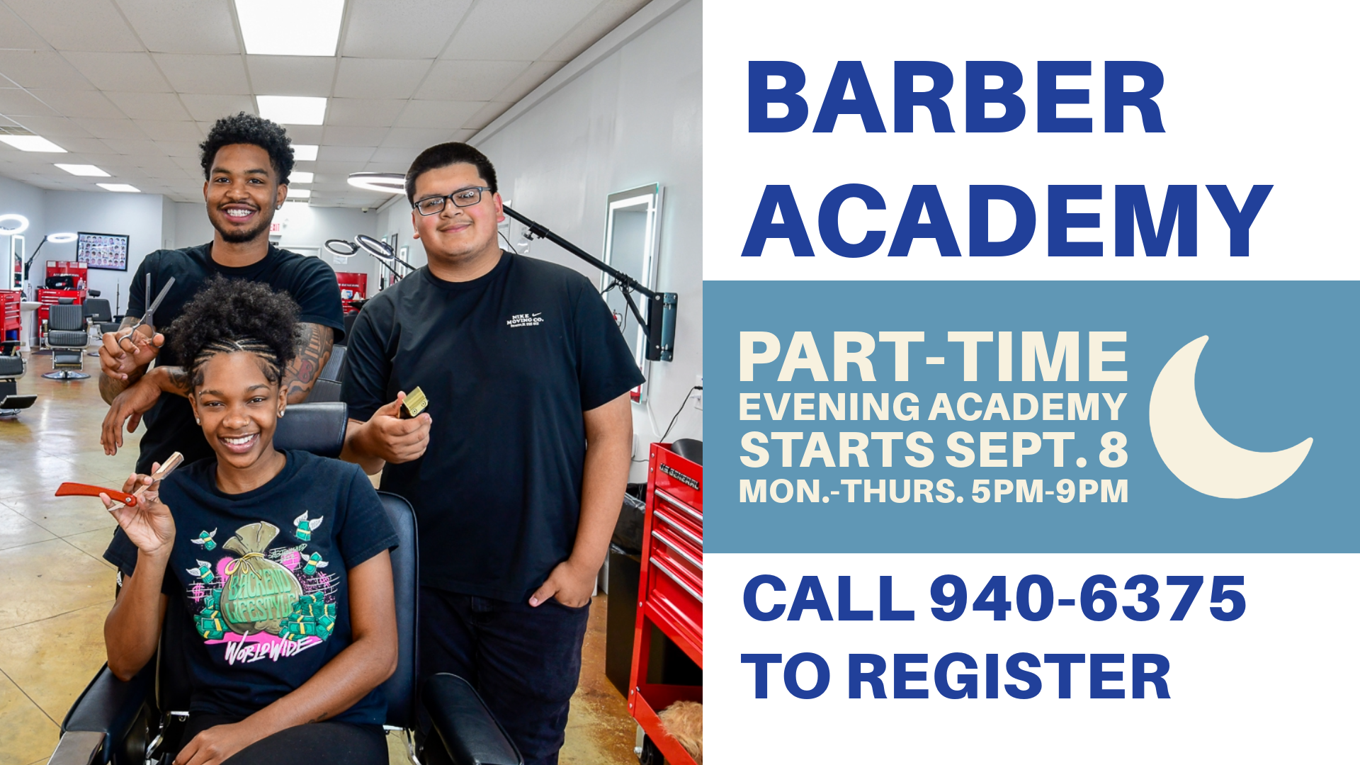 Text: Barber Academy times